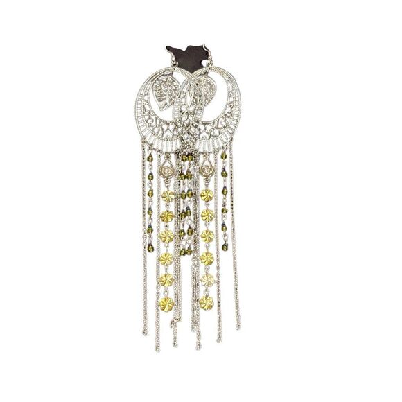 Silver Tone Half Moon Filigree Yellow Beaded Long Earrings Chain Fringe Boho NWT - Picture 1 of 6